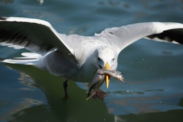 A seagull on the shore of the sea or river catches fish, generative AI.