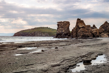 Beautiful seascape with rock formations on the coast of Aegean sea