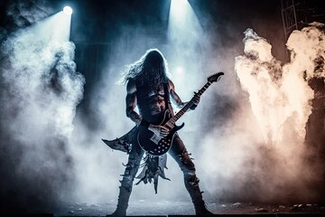 heavy metal guitarist shredding on stage, surrounded by smoke and lights, created with generative ai