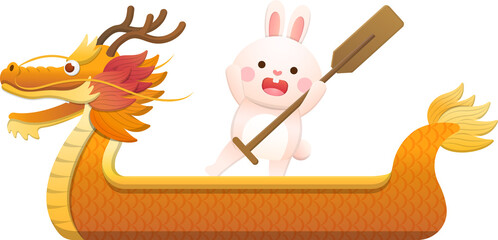A boat in the shape of a dragon and a cute rabbit mascot celebrate the Dragon Boat Festival
