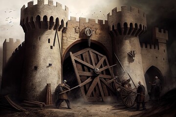 storming a medieval fortress with battering ram, preparing to break down the gate, created with generative ai