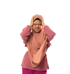 muslimah wearing hijab dizzy headache in isolated background with copyspace