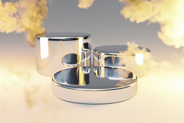 podium infinite background and smoke clouds. silver metall pedestal for beauty, cosmetic product presentation. copy space template, 3D Illustration