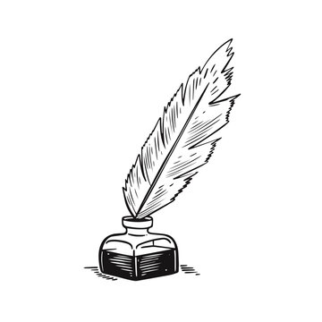 Antique feather ink and pen black color vintage style vector illustration.