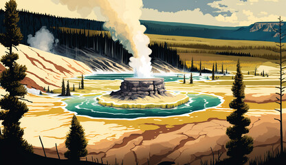 Yellowstone Geysers - An illustration. Generative AI - obrazy, fototapety, plakaty