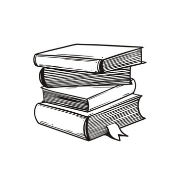 Stack of books hand drawn black color outline style sketch.