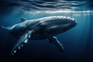 A large humpback whale swims alone in the ocean waters, generative AI.