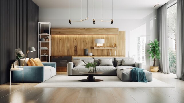 Modern Interior Design Background. Contemporary Living Room. Generative AI.