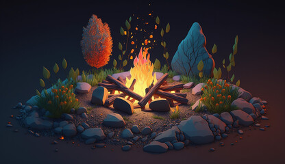 Fiery Fun An Illustration of a Summer Campfire Night. Generative AI