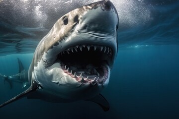 Obraz premium A shark with an open mouth swims underwater, generative AI.