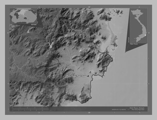 Ninh Thuan, Vietnam. Grayscale. Labelled points of cities