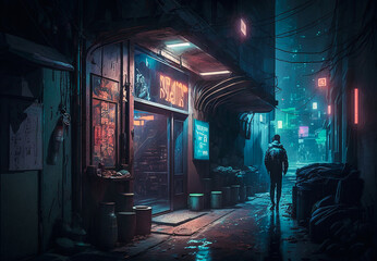 Cyberpunk Alley. Generative AI.
A digital painting of a grungy alley in a future city in the run down part of town.