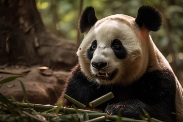 A big white panda sits and eats bamboo in a nature reserve, generative AI.