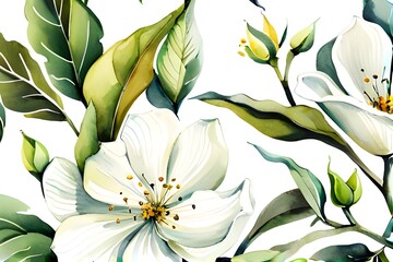  Akwarelowa, malowana tapeta w kwiatowy deseń, liście, białe kwiaty, florystyczny wzór, tapeta, tło, obraz