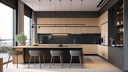 Fototapeta na wymiar Stylish apartment interior 3 with modern kitchen. Idea for home design.