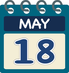 Flat icon calendar 18 of May. Date, day and month. Vector illustration . Blue teal green color banner. 18 May. 18th of May.