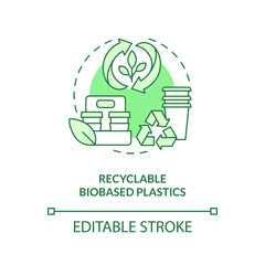 Recyclable biobased plastics green concept icon. Waste management. Biodegradable packaging idea thin line illustration. Isolated outline drawing. Editable stroke. Arial, Myriad Pro-Bold fonts used