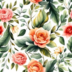 Akwarelowa, malowana tapeta w kwiatowy deseń, liście,  kwiaty, florystyczny wzór, tapeta, tło, obraz