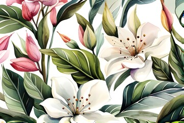  Akwarelowa, malowana tapeta w kwiatowy deseń, liście, białe i różowe kwiaty, florystyczny wzór, tapeta, tło, obraz