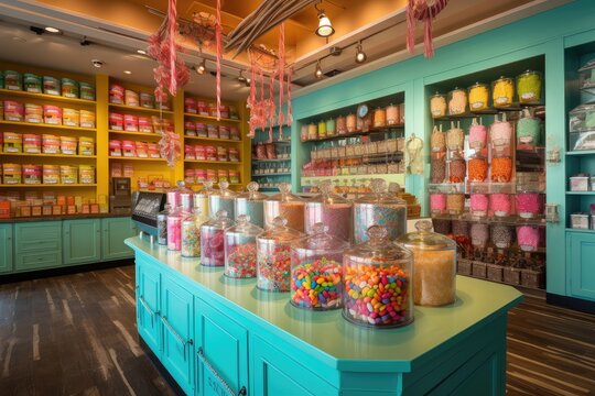 bright and vibrant candy shop, with cheery colors and custom packaging, created with generative ai