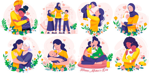 Obraz na płótnie Canvas Illustration Set of Mother's Day. Mother, Daughter, and Son. Mother Holding Baby In Arms. Mother hugging her daughter. Vector illustration