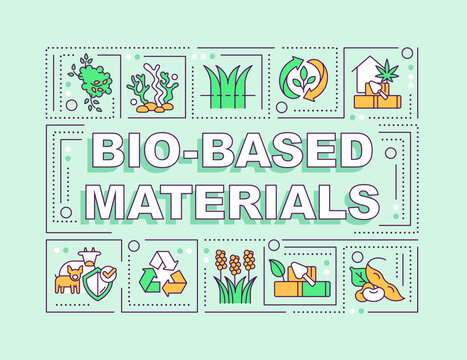 Bio based materials word concepts green banner. Biodegradable products. Infographics with editable icons on color background. Isolated typography. Vector illustration with text. Arial-Black font used