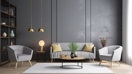 Retro style beautiful living room interior with grey empty wall.