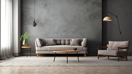 Retro style beautiful living room 4 interior with grey empty wall.