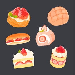 Strawberry cake set. Watercolor hand drawn vector illustration.