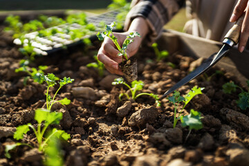 Hands planting a vegetable on plantation field soil..