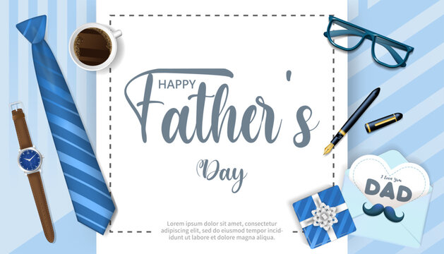 Happy Father's Day background with symbolic pattern, tie, watch, coffee, glasses, pen, for men, business related events