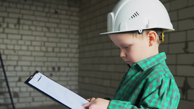 A 5-year-old boy of generation Z in a white helmet and a green shirt studies a tablet with documents and repair plans. Side view. High quality 4k footage