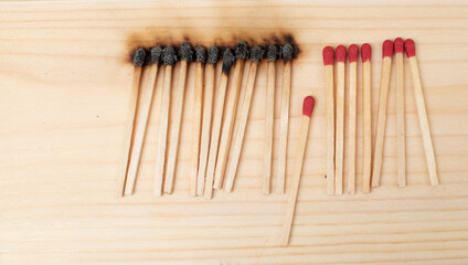 Row of burning matches and all matches on white background. spread of fire one match isolated to stop fire concept of the power of difference