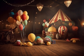 Vintage Circus as photography backdrop balloons and circus items, circus party - obrazy, fototapety, plakaty