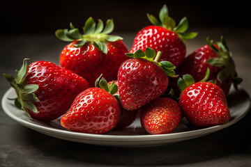 A cluster of juicy red strawberries on a white plate. Generative AI