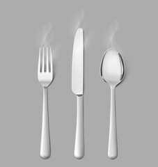 Set of cutlery with rising steam. Great for the presentation of your image. Vector illustration on grey background. Ready for your design. EPS10.	