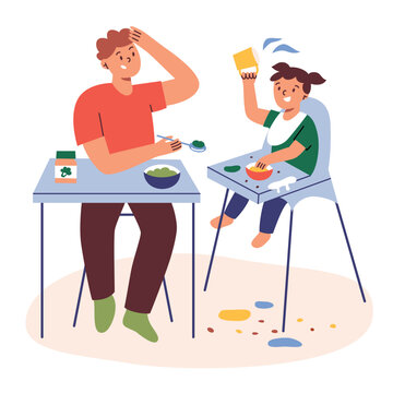 Dad feeding child with broccoli baby food, hand drawn composition with feeding chair, vector illustrations of parenting, toddler eating meal, making a mess with food, funny scene, colored clipart