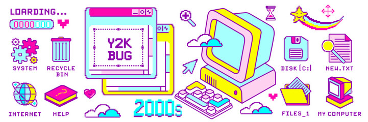 Fun y2k bug aesthetic. Playful kawaii desktop screen. Vibrant 00s cute pixel icons. Retrowave 8-bit pc. Screen with icons: my computer, internet, files. Baby pink and bright blue theme