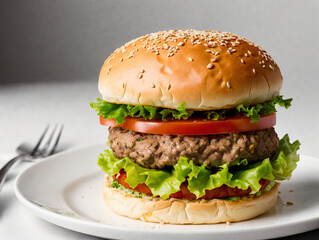 Hamburger with beef patty and fresh vegetables on white plate.