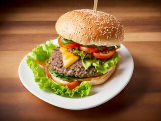 Cheese burger with fresh salad on wooden background.