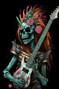 Illustration of a skeleton unicorn holding a guitar and playing heavy metal music. Generative ai