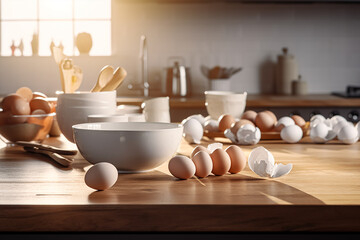 Fototapeta na wymiar Blank empty space on beautiful wooden kitchen counter top with stylish kitchen ware. Generative AI