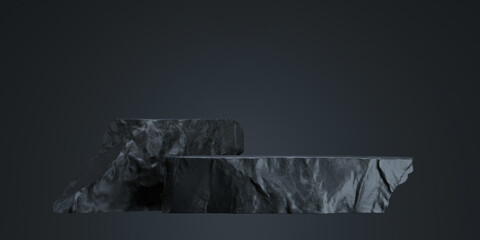 3D black stone podium for product display on black background. 3D rendering illustration