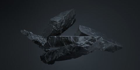 Black stone podium, 3d product display on black background. 3D rendering illustration