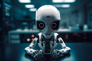 A cute android robot with big eyes looking at camera in a futuristic laboratory. Generative AI