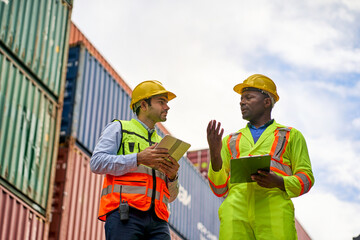 Foreman and Engineer are talking and discussing together in container box service for adjustment transportation.