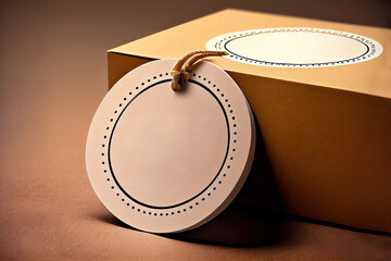 Round blank white label sticker on parcel as mockup template digital illustration (Generative AI)
