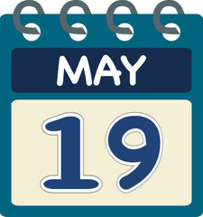Flat icon calendar 19 of May. Date, day and month. Vector illustration . Blue teal green color banner. 19 May. 19th of May.