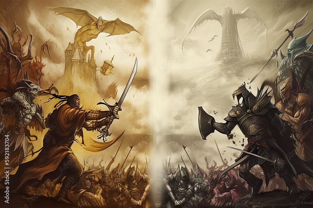 Wall mural good and evil characters battling each other in epic fantasy setting, created with generative ai