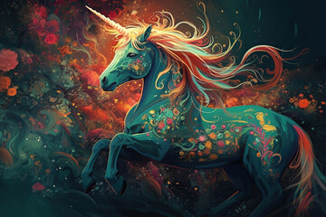 Obraz na płótnie Canvas beautiful surreal unicorn art with flowers, Generative AI